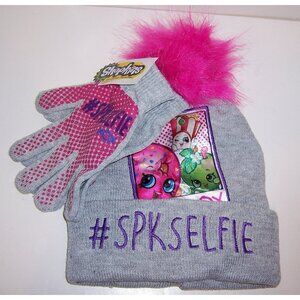 SHOPKINS "#SPKSELFIE" Pink & Gray KNIT HAT Fuzzy Pom-Pom BEANIE Cap & GLOVES SET